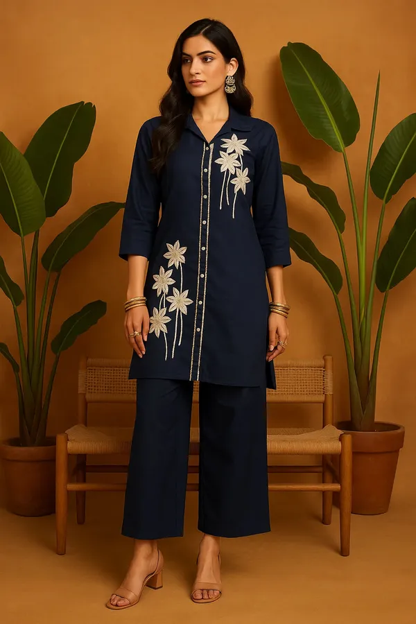 Navy_Blue_Denim_Co-Ord_Set_With_Floral_Lace_Detailing_For_Women