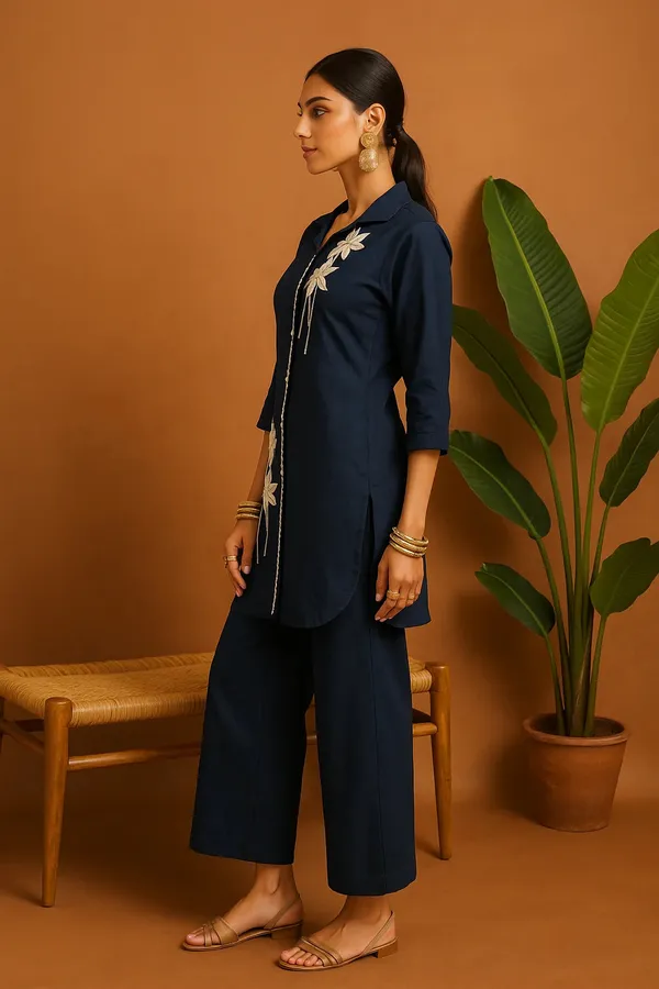 Navy_Blue_Denim_Co-Ord_Set_With_Floral_Lace_Detailing_For_Women