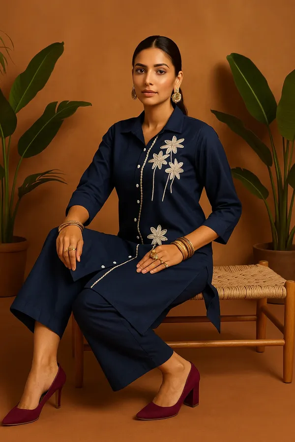 Navy_Blue_Denim_Co-Ord_Set_With_Floral_Lace_Detailing_For_Women