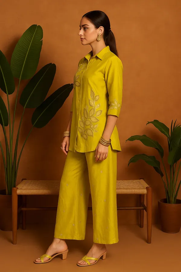 Yellow_Chenille_Embroidered_Kurta_Set_With_Palazzo_Pants_For_Women