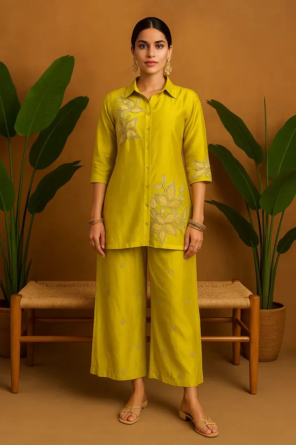 Yellow_Chenille_Embroidered_Kurta_Set_With_Palazzo_Pants_For_Women