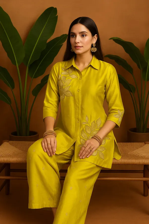 Yellow_Chenille_Embroidered_Kurta_Set_With_Palazzo_Pants_For_Women