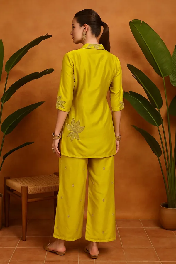 Yellow_Chenille_Embroidered_Kurta_Set_With_Palazzo_Pants_For_Women