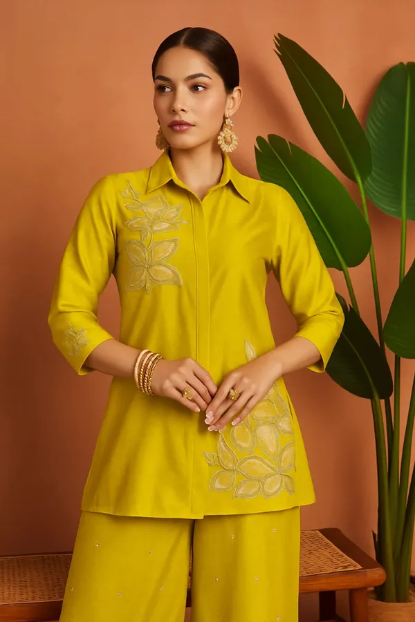 Yellow_Chenille_Embroidered_Kurta_Set_With_Palazzo_Pants_For_Women
