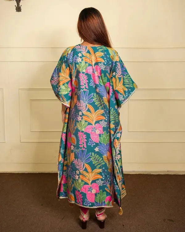 Multicolor_Modal_Silk_Tropical_Teal_Printed_Kaftan_Set_With_Mirror_Work_For_Women