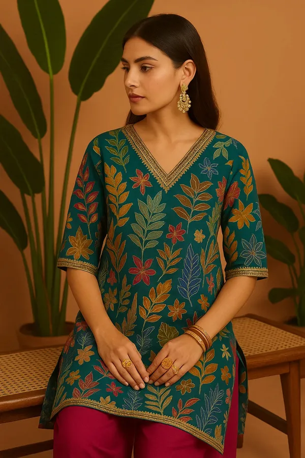 Multicolor_Modal_Silk_Tropical_Teal_Printed_Kaftan_Set_With_Mirror_Work_For_Women