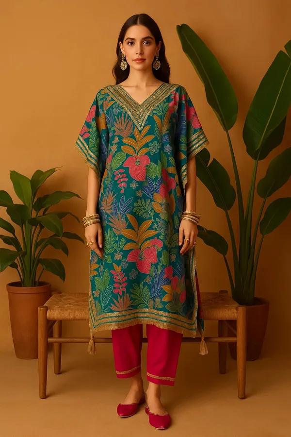 Multicolor_Modal_Silk_Tropical_Teal_Printed_Kaftan_Set_With_Mirror_Work_For_Women