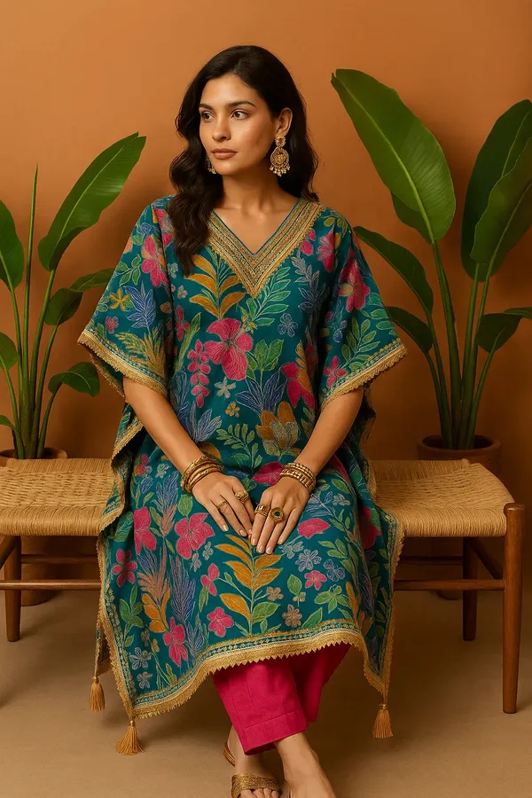 Multicolor_Modal_Silk_Tropical_Teal_Printed_Kaftan_Set_With_Mirror_Work_For_Women
