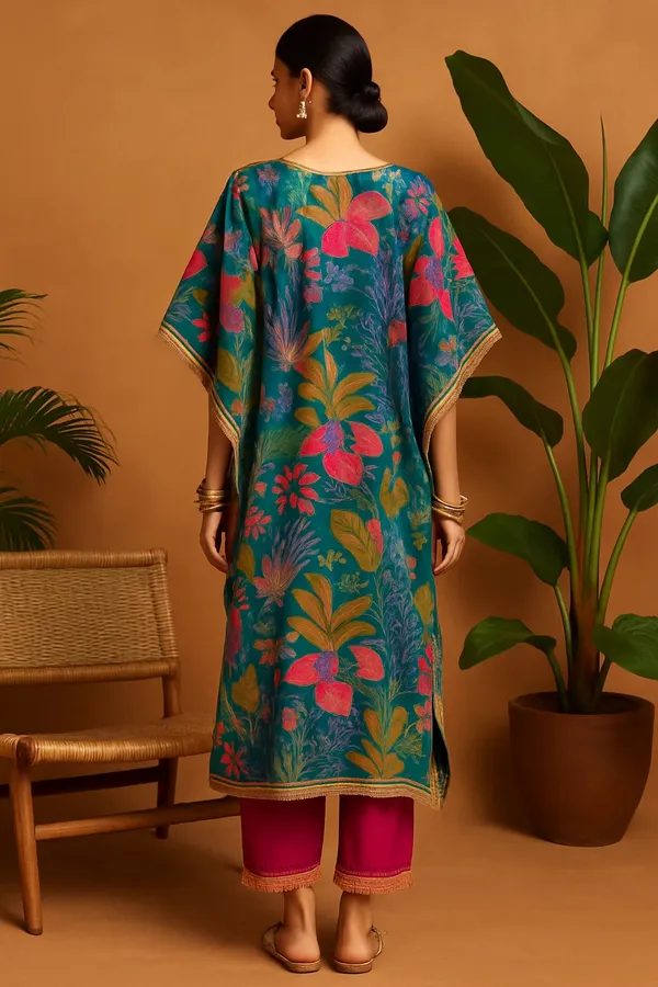Multicolor_Modal_Silk_Tropical_Teal_Printed_Kaftan_Set_With_Mirror_Work_For_Women