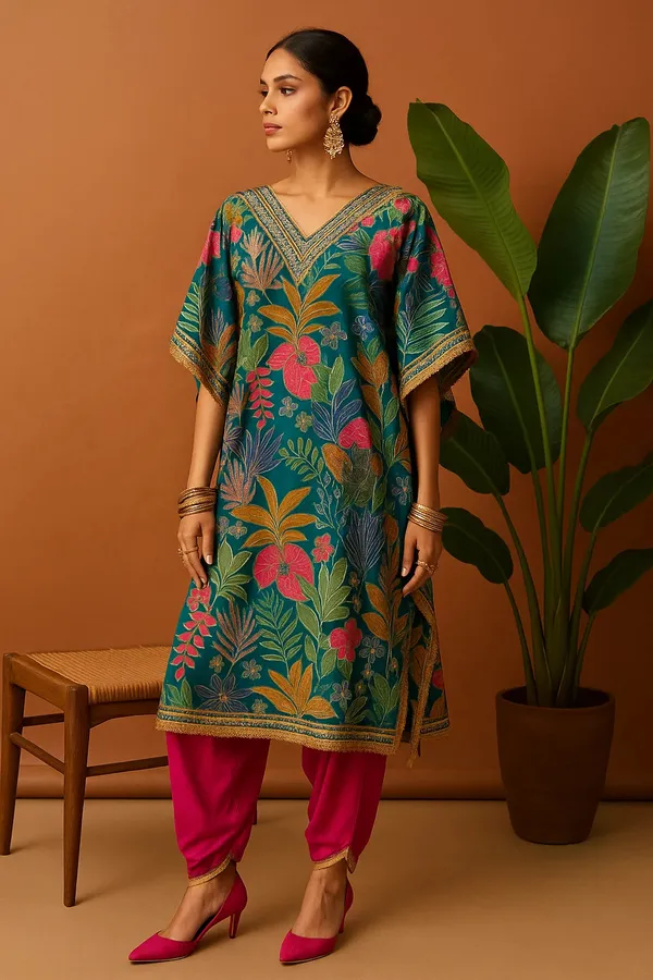 Multicolor_Modal_Silk_Tropical_Teal_Printed_Kaftan_Set_With_Mirror_Work_For_Women