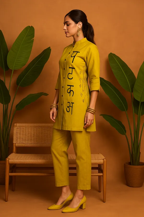 Yellow_Roman_Silk_Co-Ord_Set_With_Bold_Hindi_Script_For_Women