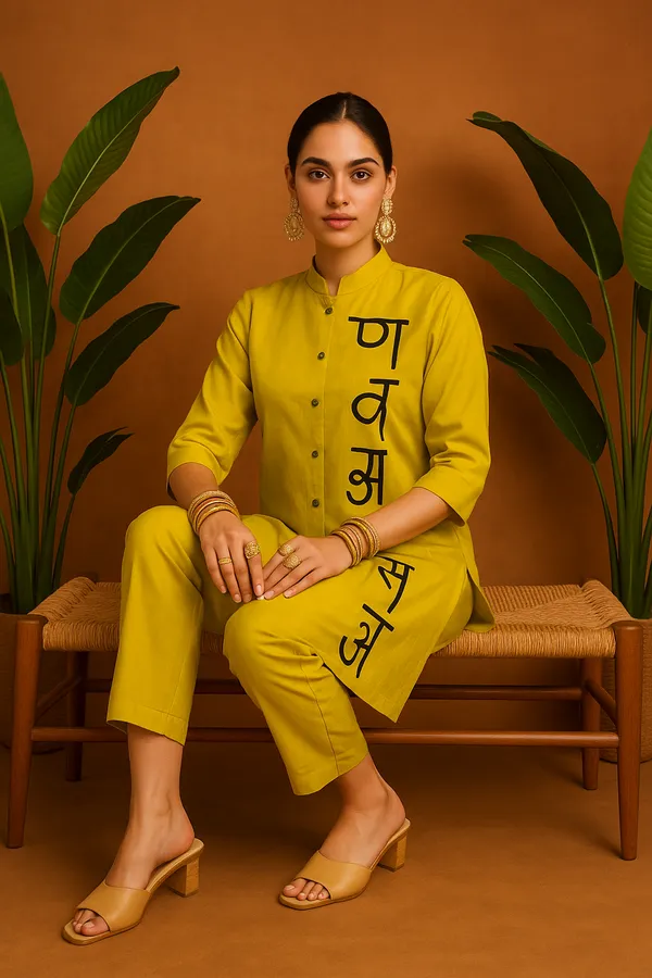 Yellow_Roman_Silk_Co-Ord_Set_With_Bold_Hindi_Script_For_Women