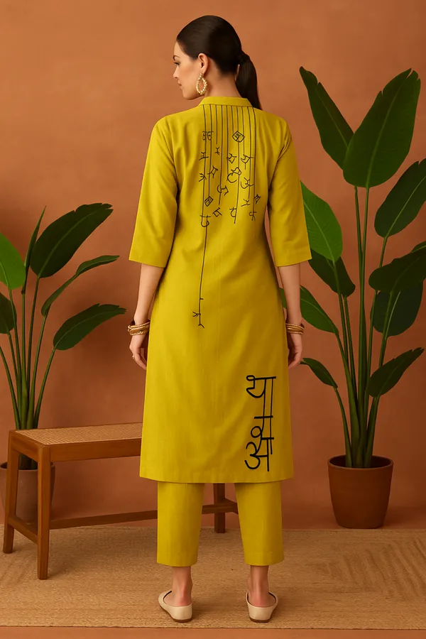 Yellow_Roman_Silk_Co-Ord_Set_With_Bold_Hindi_Script_For_Women