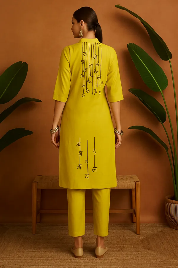 Yellow_Roman_Silk_Co-Ord_Set_With_Bold_Hindi_Script_For_Women