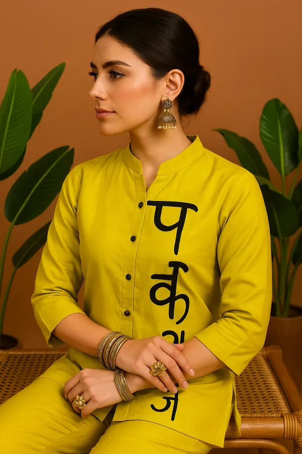 Yellow_Roman_Silk_Co-Ord_Set_With_Bold_Hindi_Script_For_Women