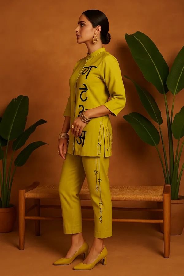 Yellow_Roman_Silk_Co-Ord_Set_With_Bold_Hindi_Script_For_Women