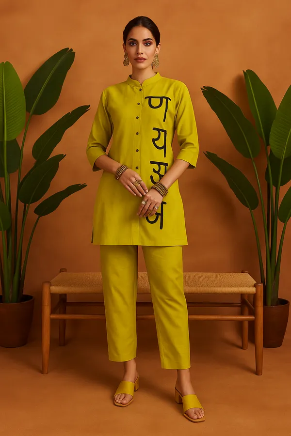 Yellow_Roman_Silk_Co-Ord_Set_With_Bold_Hindi_Script_For_Women