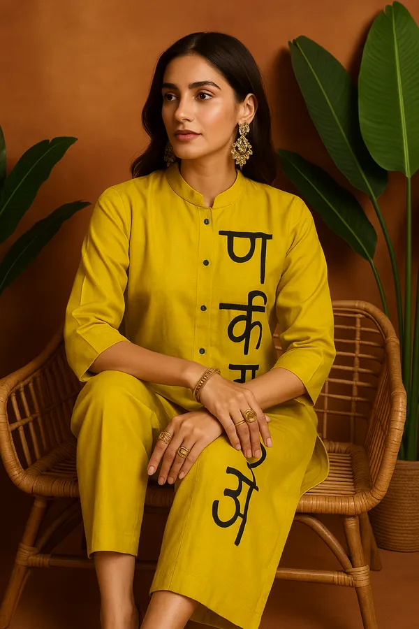 Yellow_Roman_Silk_Co-Ord_Set_With_Bold_Hindi_Script_For_Women