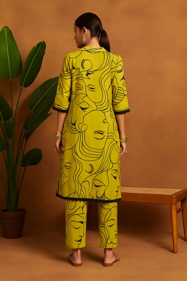 Yellow_Rayon_Artistic_Face_Print_Co-Ord_Set_With_Embellished_Neckline_For_Women