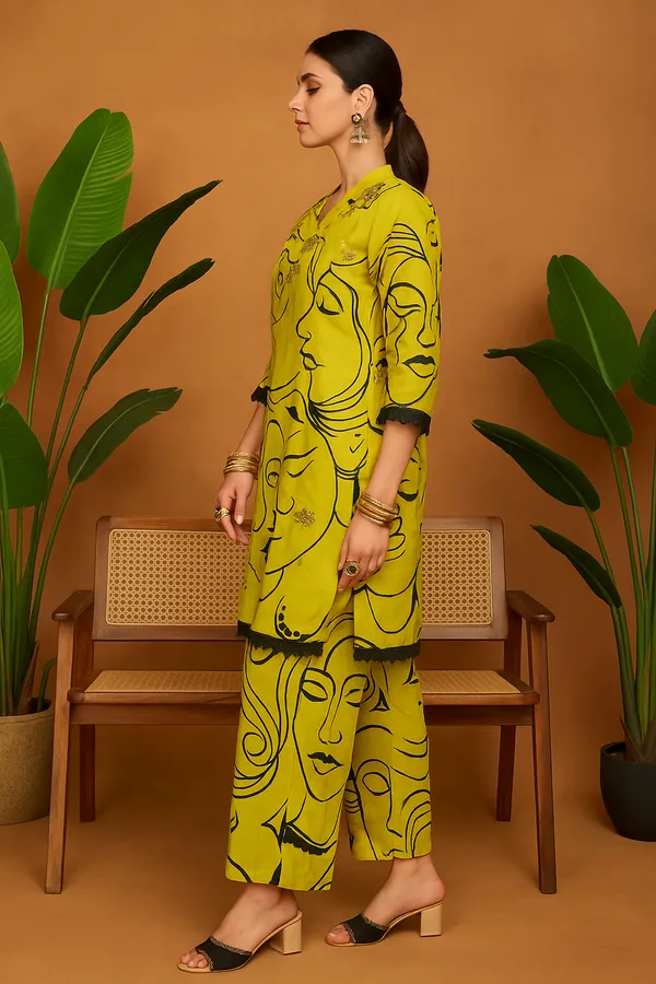 Yellow_Rayon_Artistic_Face_Print_Co-Ord_Set_With_Embellished_Neckline_For_Women