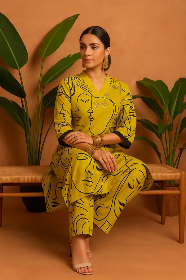Yellow_Rayon_Artistic_Face_Print_Co-Ord_Set_With_Embellished_Neckline_For_Women
