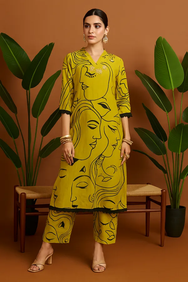 Yellow_Rayon_Artistic_Face_Print_Co-Ord_Set_With_Embellished_Neckline_For_Women