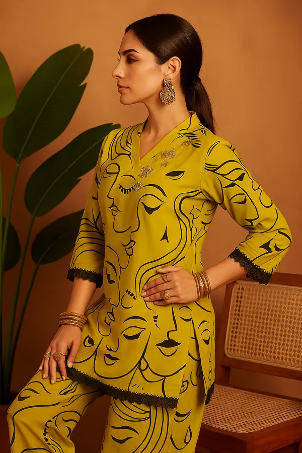 Yellow_Rayon_Artistic_Face_Print_Co-Ord_Set_With_Embellished_Neckline_For_Women