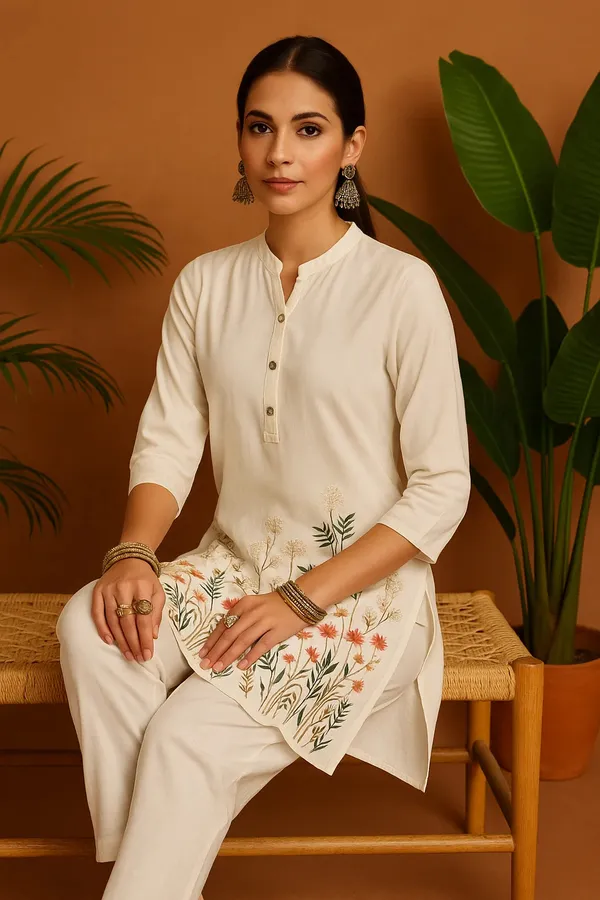 Off_White_Cotton_Silk_Floral_Printed_Kurta_Set_With_Trousers_For_Women