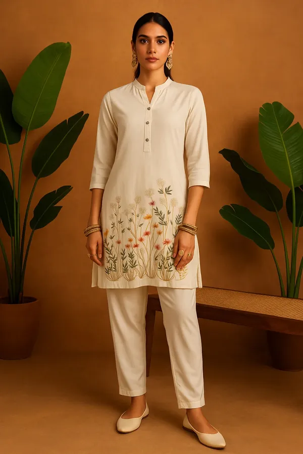 Off_White_Cotton_Silk_Floral_Printed_Kurta_Set_With_Trousers_For_Women