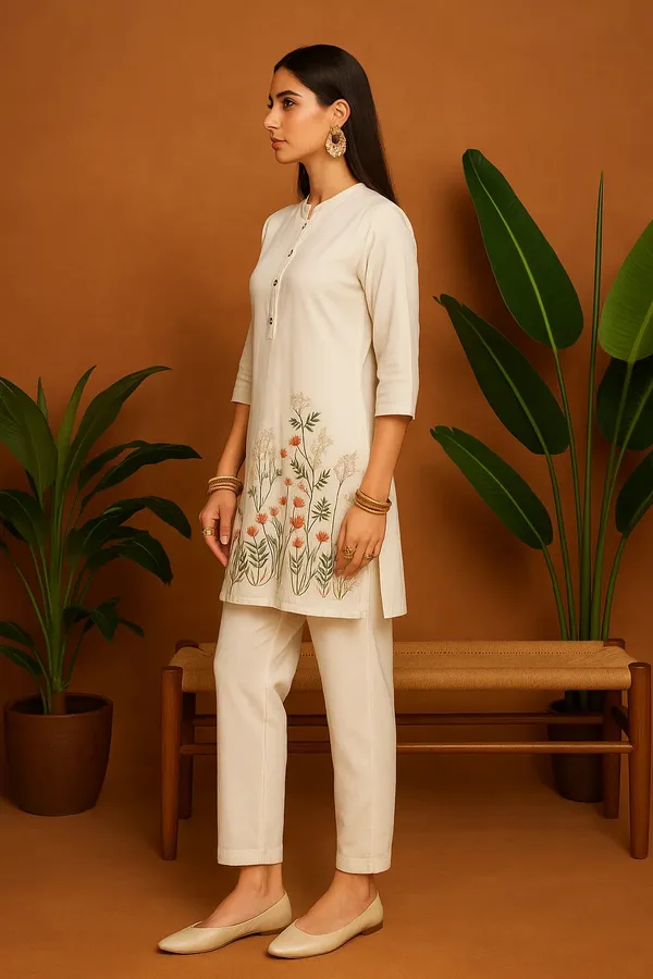 Off_White_Cotton_Silk_Floral_Printed_Kurta_Set_With_Trousers_For_Women