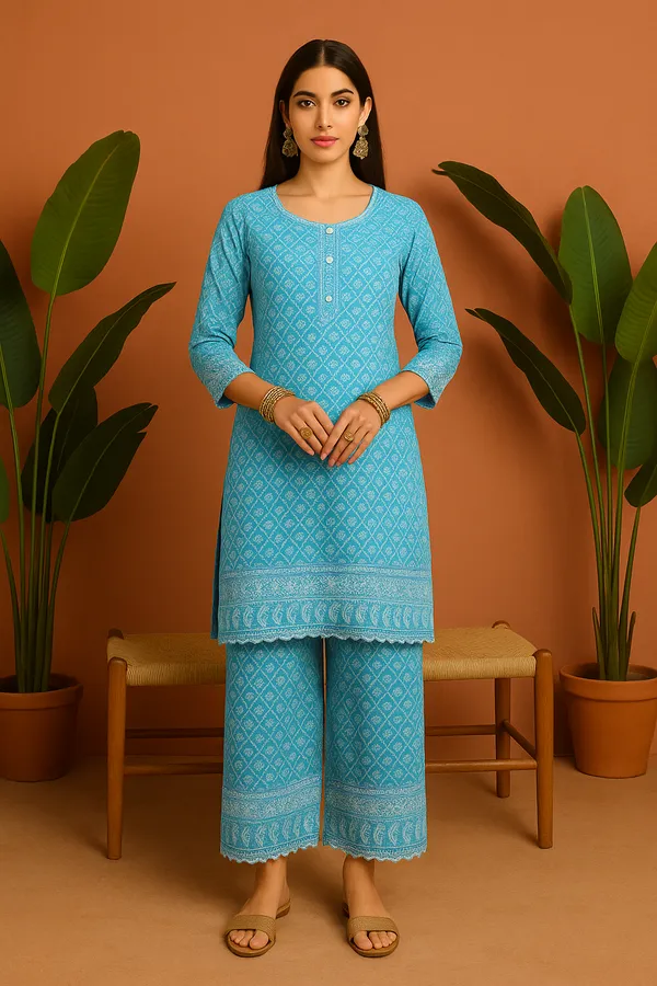 Sky_Blue_Printed_Cotton_Kurta_Set_For_Women