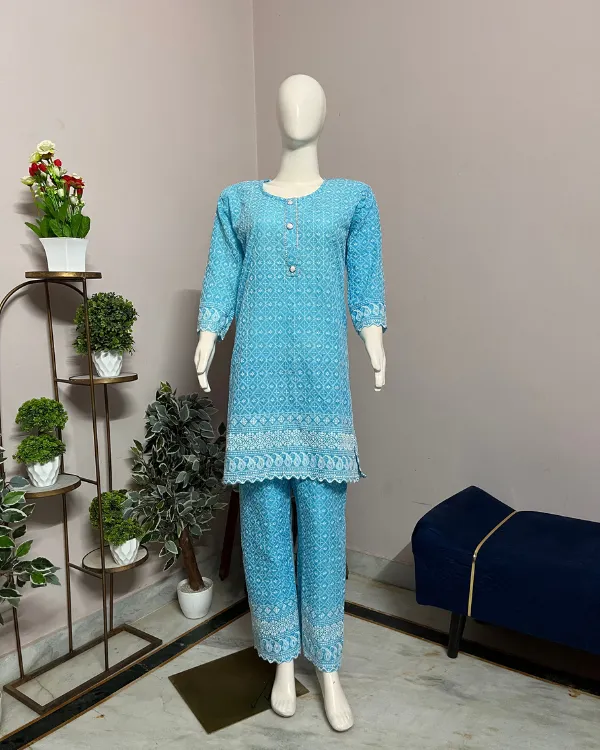 Sky_Blue_Printed_Cotton_Kurta_Set_For_Women