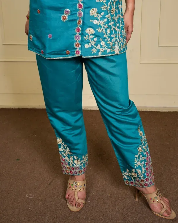 Teal_Blue_Embroidered_Silk_Kurta_For_Women