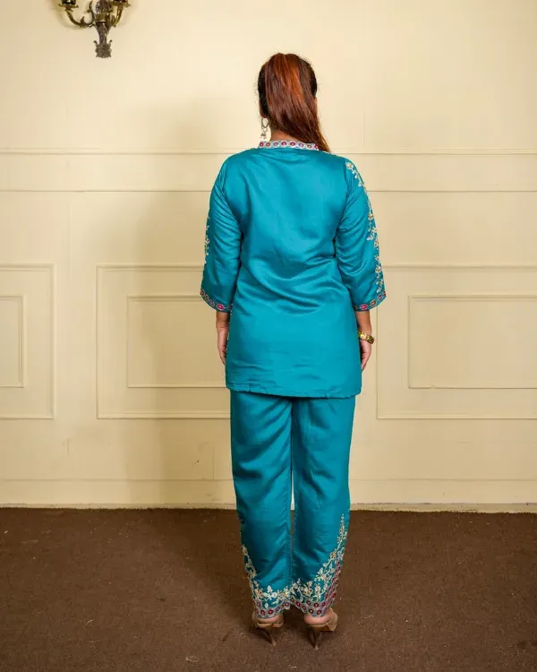 Teal_Blue_Embroidered_Silk_Kurta_For_Women