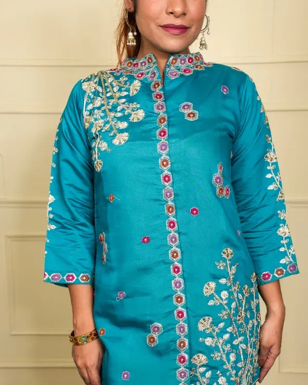 Teal_Blue_Embroidered_Silk_Kurta_For_Women