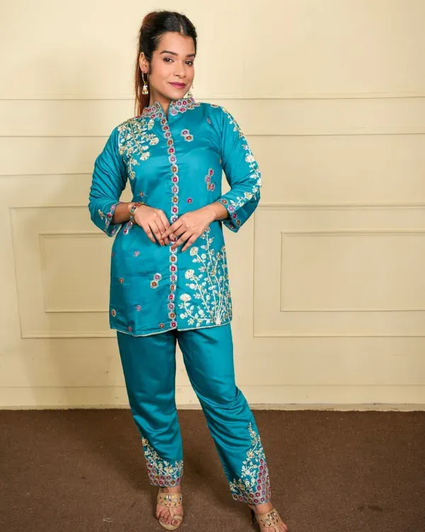 Teal_Blue_Embroidered_Silk_Kurta_For_Women