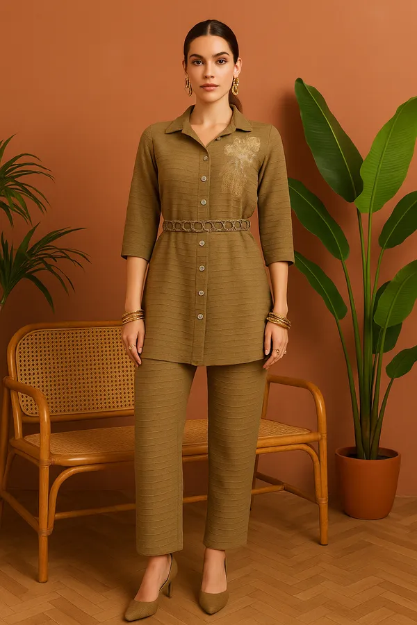 Beige_Textu_Co-Ord_Set_With_Embroidered_Accent_Waist_Belt_For_Women