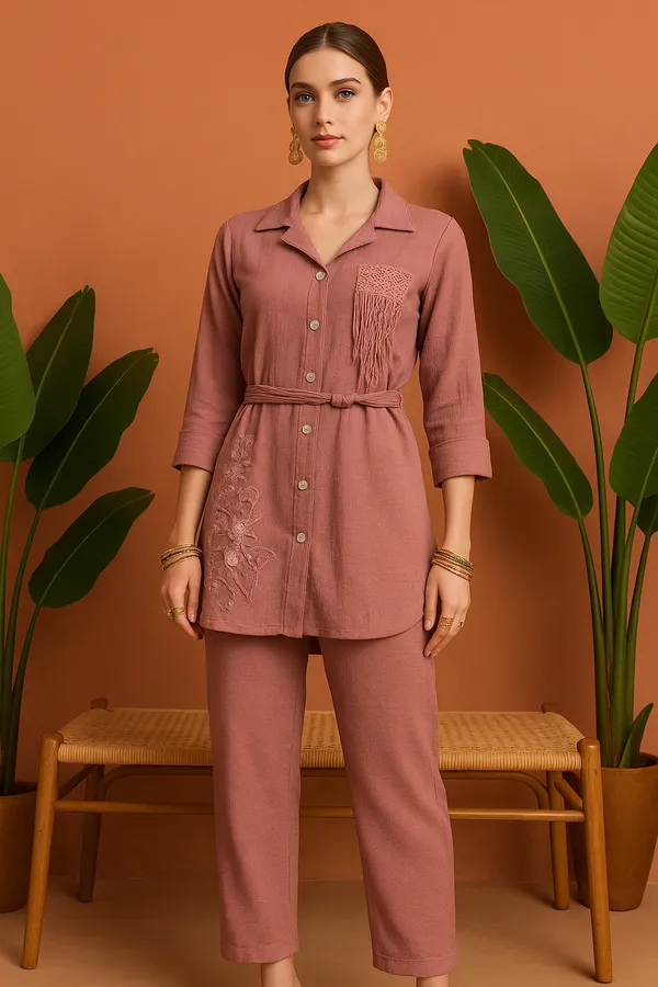 Pink_Textu_Co-Ord_Set_With_Fringe_Floral_Embellishments_For_Women
