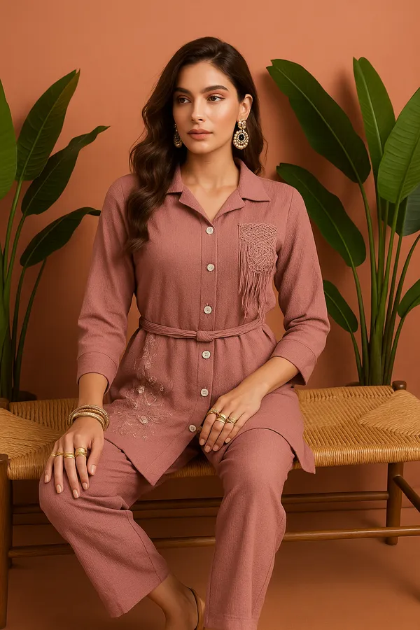 Pink_Textu_Co-Ord_Set_With_Fringe_Floral_Embellishments_For_Women