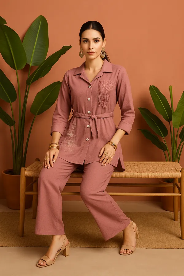 Pink_Textu_Co-Ord_Set_With_Fringe_Floral_Embellishments_For_Women