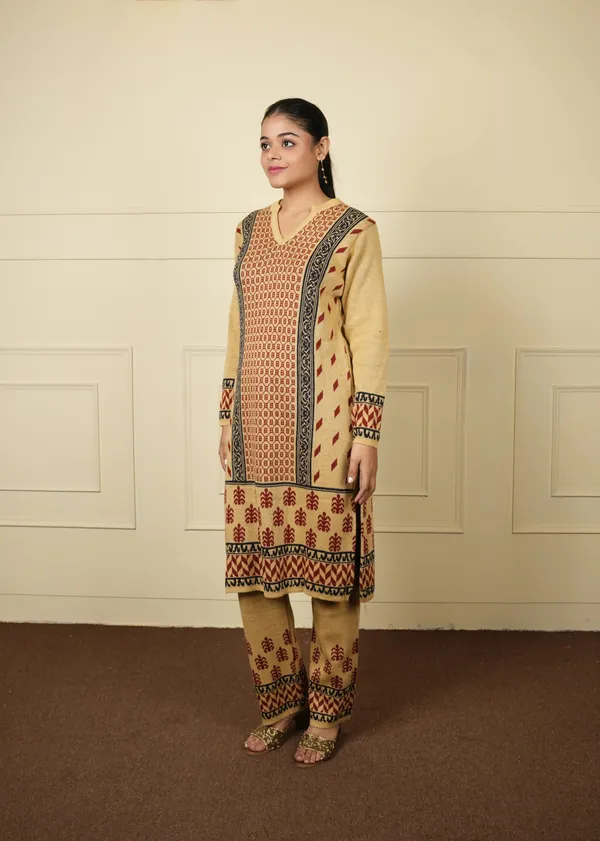 Beige_&_Black_Cotton_Silk_Kurta_Trouser_Woolen_Set_For_Women