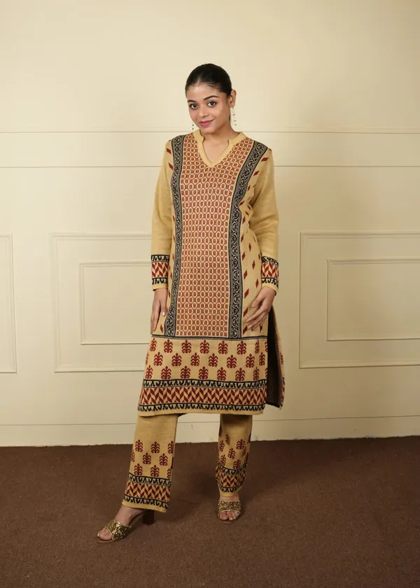 Beige_&_Black_Cotton_Silk_Kurta_Trouser_Woolen_Set_For_Women