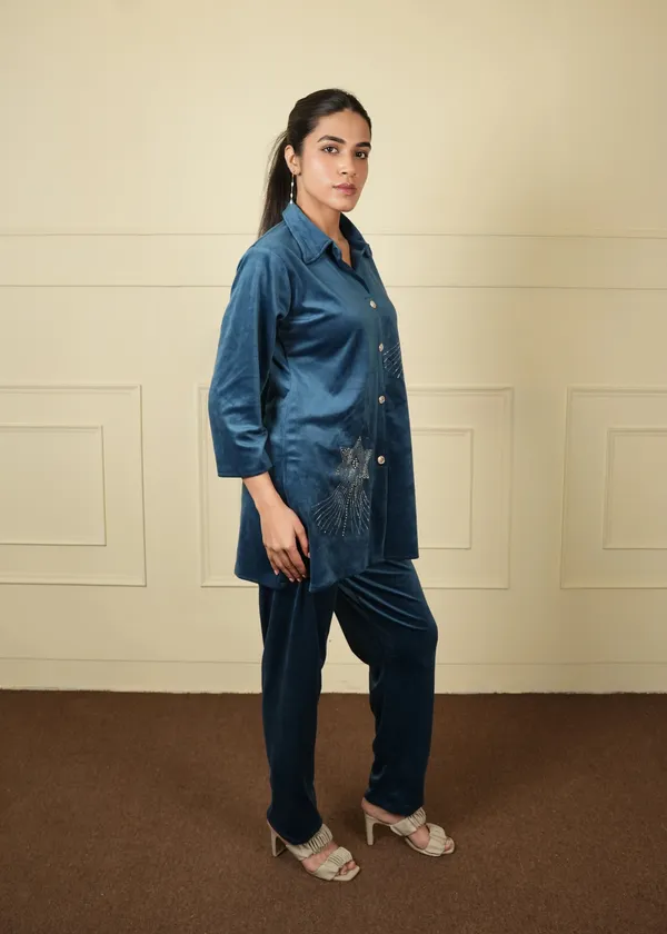 Teal_Blue_Teal_Cotton_Silk_Coat_Long_Trouser_Woolen_Set_For_Women