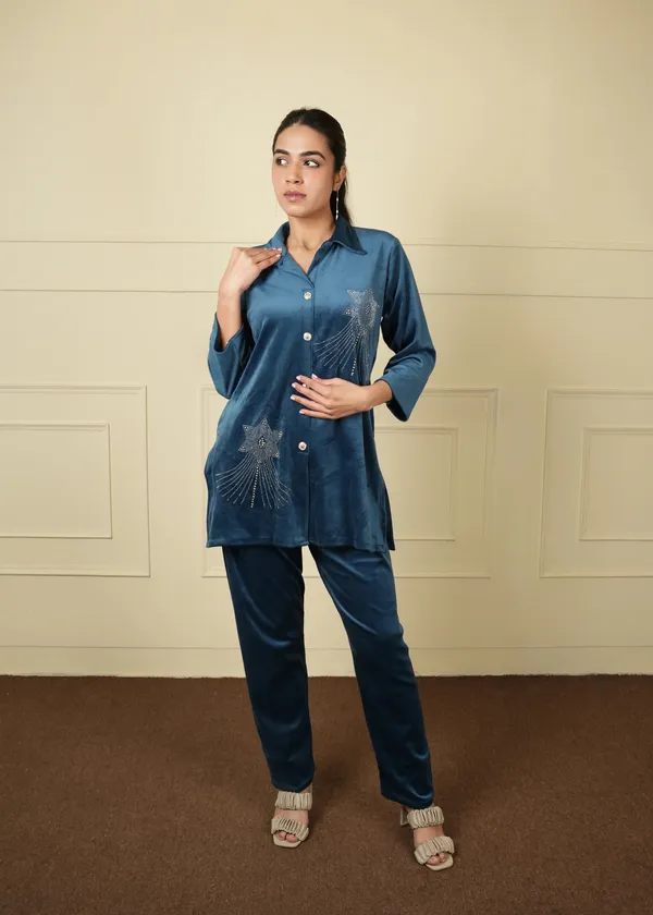 Teal_Blue_Teal_Cotton_Silk_Coat_Long_Trouser_Woolen_Set_For_Women