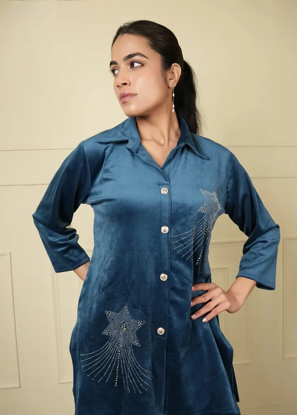 Teal_Blue_Teal_Cotton_Silk_Coat_Long_Trouser_Woolen_Set_For_Women