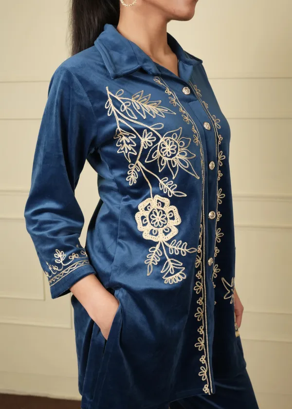 Royal_Blue_Royal_Cotton_Silk_Shirt_Trouser_Woolen_Set_For_Women