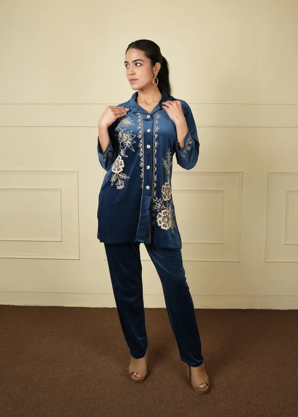Royal_Blue_Royal_Cotton_Silk_Shirt_Trouser_Woolen_Set_For_Women