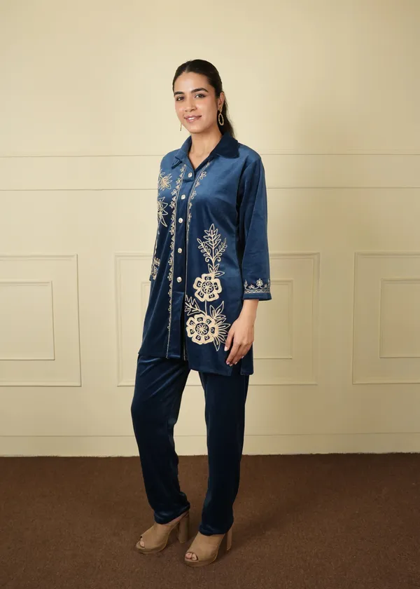 Royal_Blue_Royal_Cotton_Silk_Shirt_Trouser_Woolen_Set_For_Women