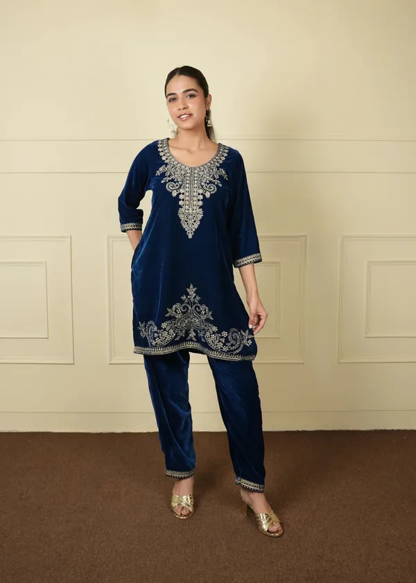 Teal_Blue_Teal_Cotton_Silk_Velvet_Short_Kurti_Pant_Co-Ord_Set_For_Women