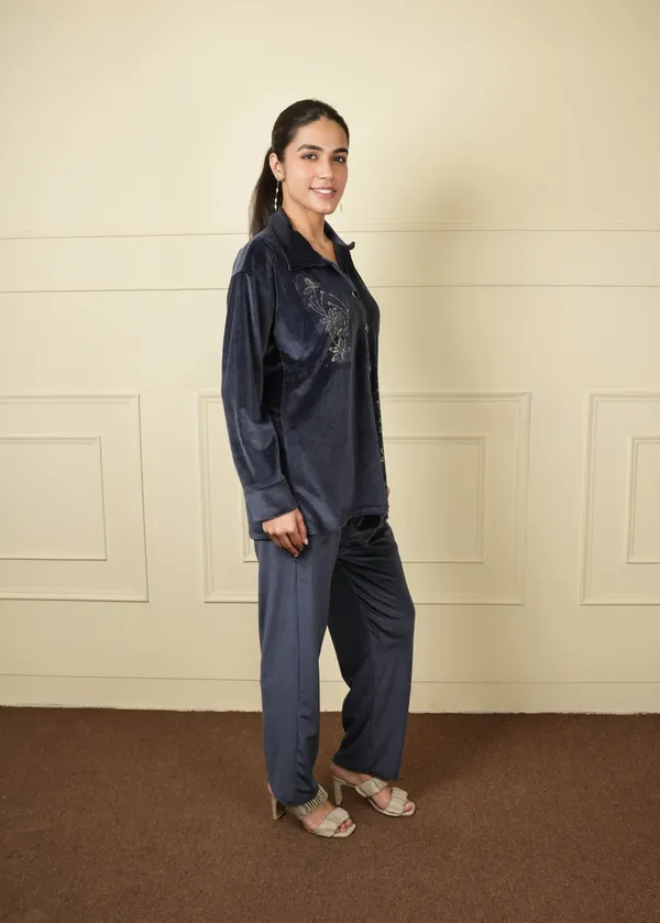 Blue_Cotton_Coat_Style_Trouser_Set_For_Women
